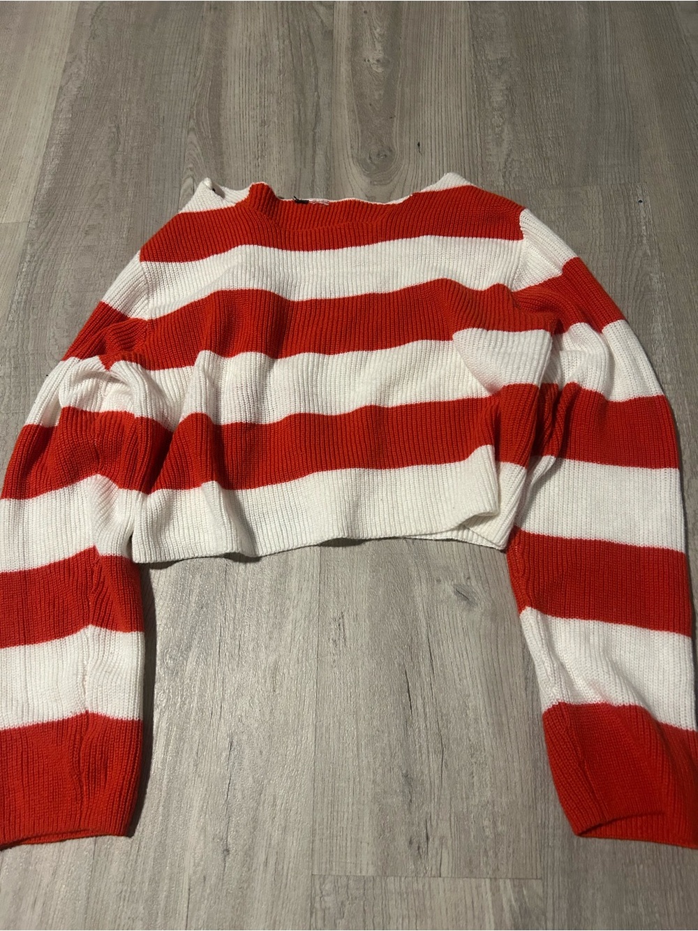 Cropped Red and White Striped Knit Sweater